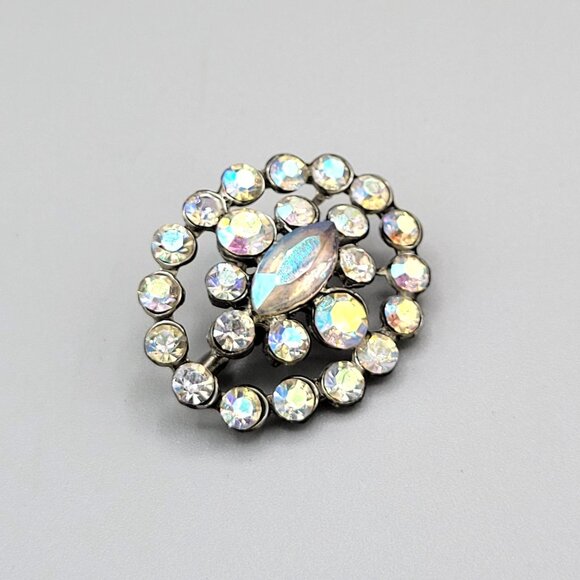 Vintage Iridescent AB Aurora Borealis Cluster Brooch Navette Center 1960s - Picture 3 of 5